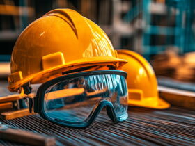 Two yellow hard hats with protective goggles on a wooden surface at a construction site.