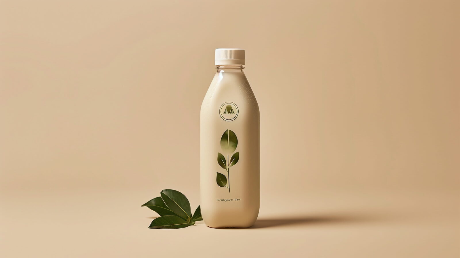 Cream-colored bottle with a green leafy design and white cap, set against a warm beige background (product shot).
