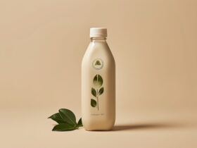 Cream-colored bottle with a green leafy design and white cap, set against a warm beige background (product shot).