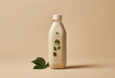 Cream-colored bottle with a green leafy design and white cap, set against a warm beige background (product shot).