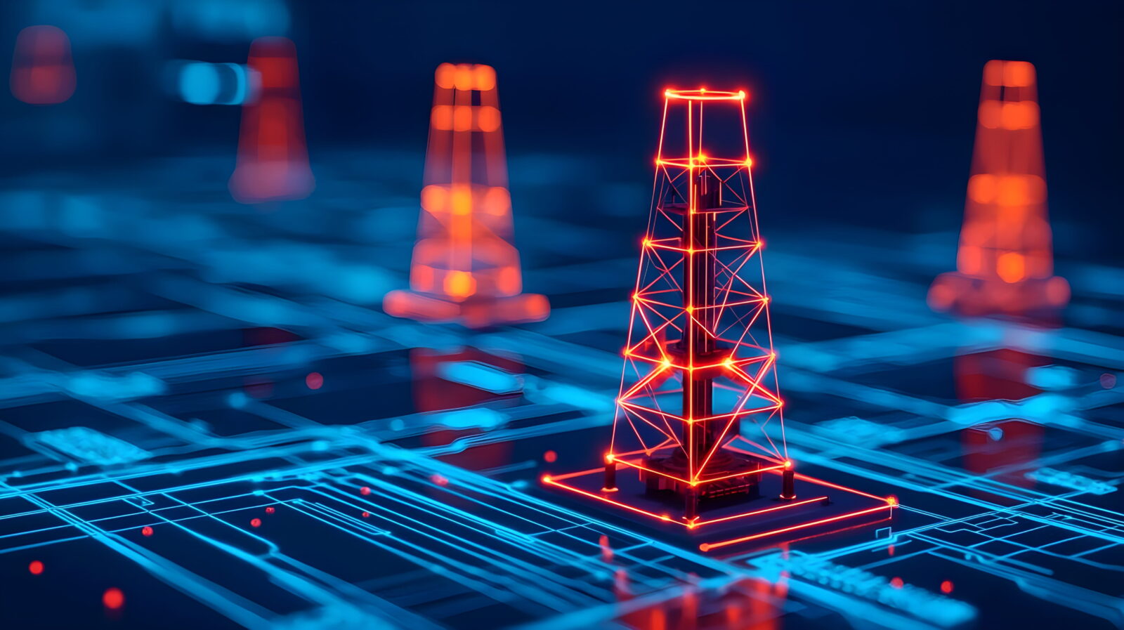 Red glowing lattice communication tower model on a blue circuit-board backdrop with blurred orange lights in the background.