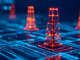 Red glowing lattice communication tower model on a blue circuit-board backdrop with blurred orange lights in the background.