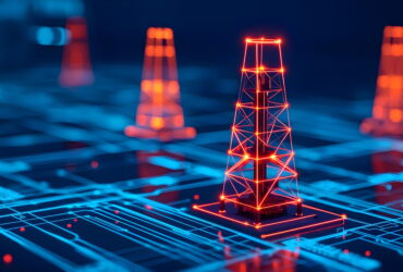 Red glowing lattice communication tower model on a blue circuit-board backdrop with blurred orange lights in the background.