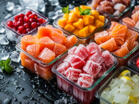 Assorted frozen foods in glass trays, including salmon sashimi, mango chunks, raspberries, and other fruit on a bed of ice and mint garnish.