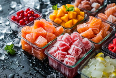 Assorted frozen foods in glass trays, including salmon sashimi, mango chunks, raspberries, and other fruit on a bed of ice and mint garnish.