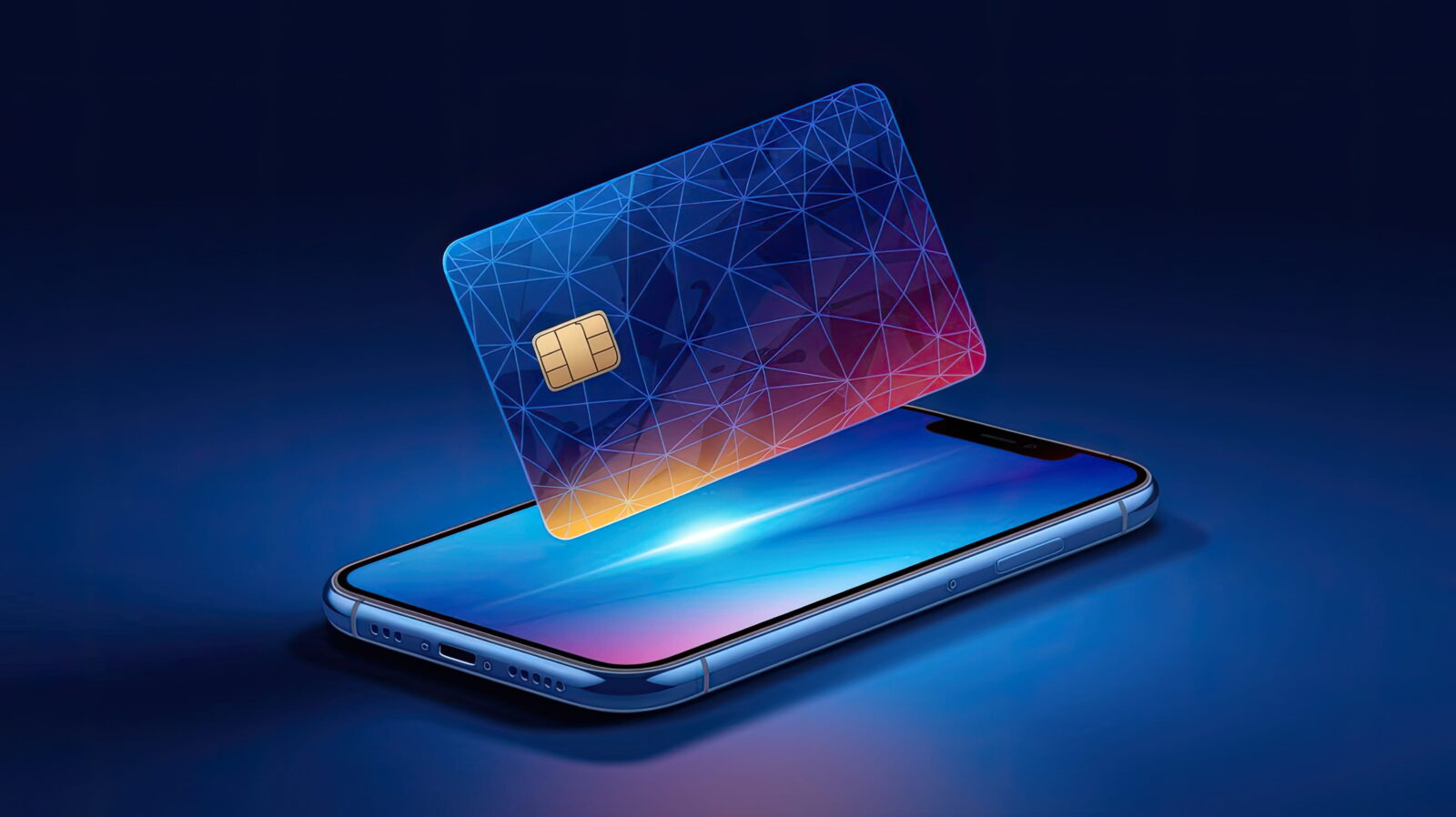 Blue gradient card with a geometric lattice design hovering above a smartphone, implying contactless payment or digital credential.