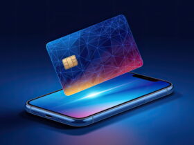 Blue gradient card with a geometric lattice design hovering above a smartphone, implying contactless payment or digital credential.