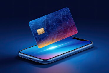 Blue gradient card with a geometric lattice design hovering above a smartphone, implying contactless payment or digital credential.