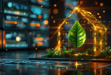 Green leaf inside a glowing gold wireframe cube with vines, set against a futuristic data-center backdrop.