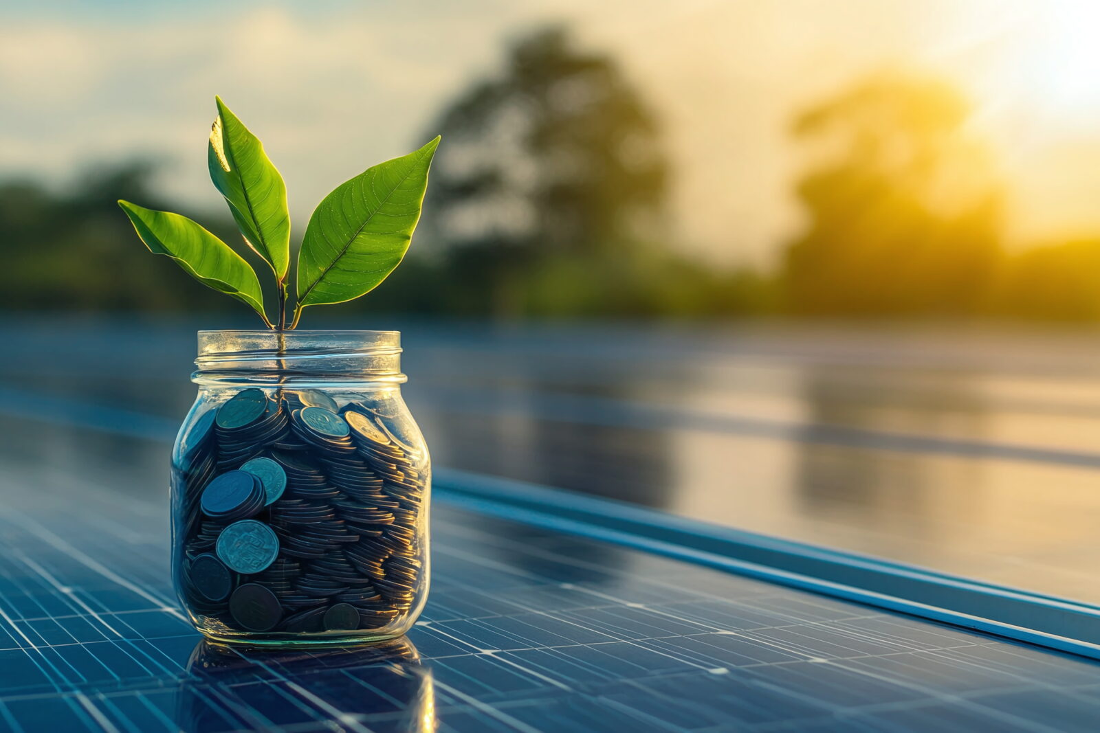 Jar filled with coins with a green sprout growing from the top, set on a reflective surface with solar panels in the background.