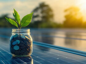 Jar filled with coins with a green sprout growing from the top, set on a reflective surface with solar panels in the background.