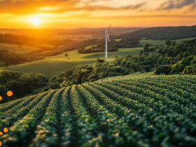 Sunset over rolling hills with a vineyard in the foreground and a wind turbine in the midground.