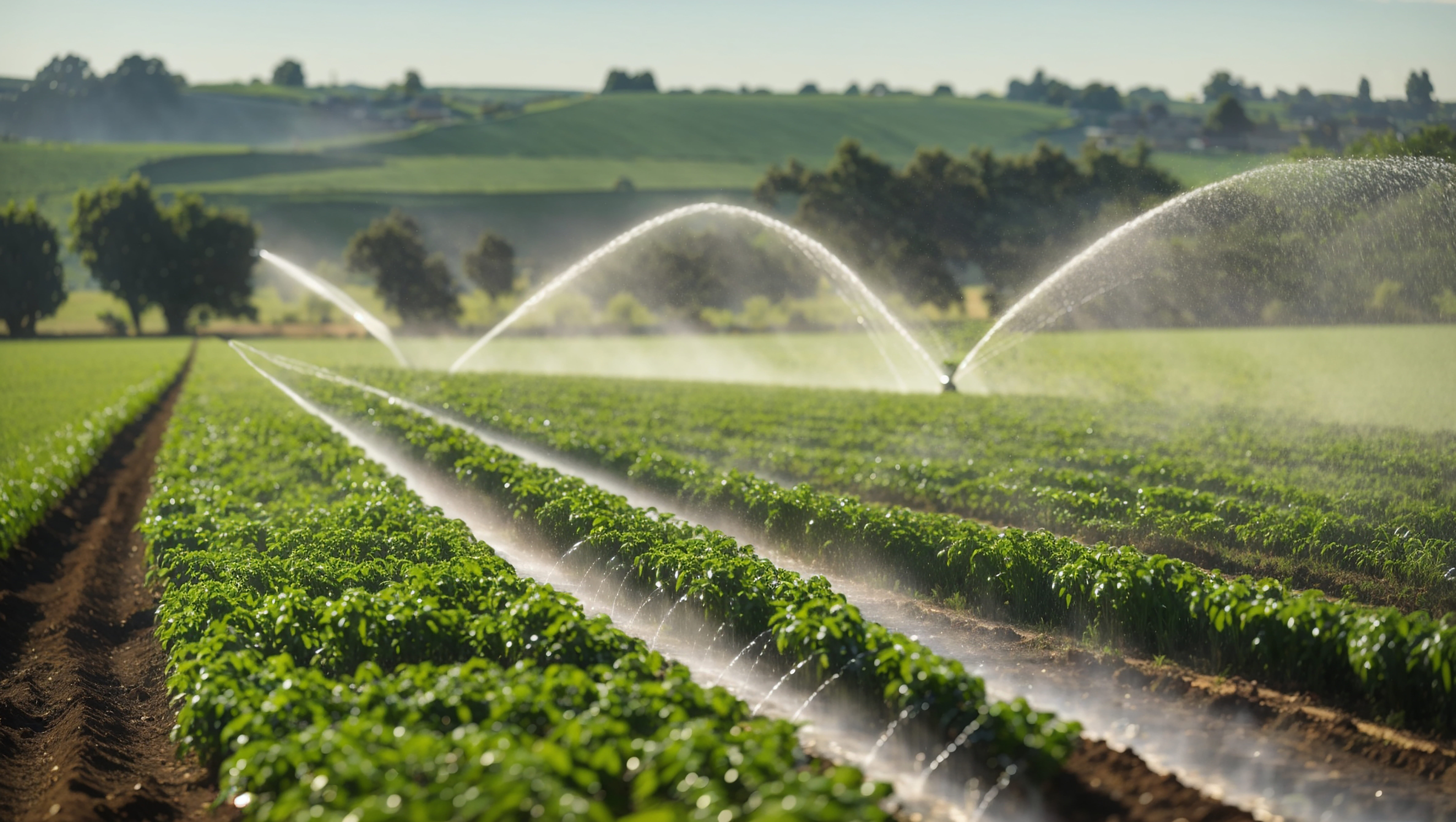 Rows of green crops in a field being irrigated by arcing sprinklers under a sunny sky and distant hills in the background.
