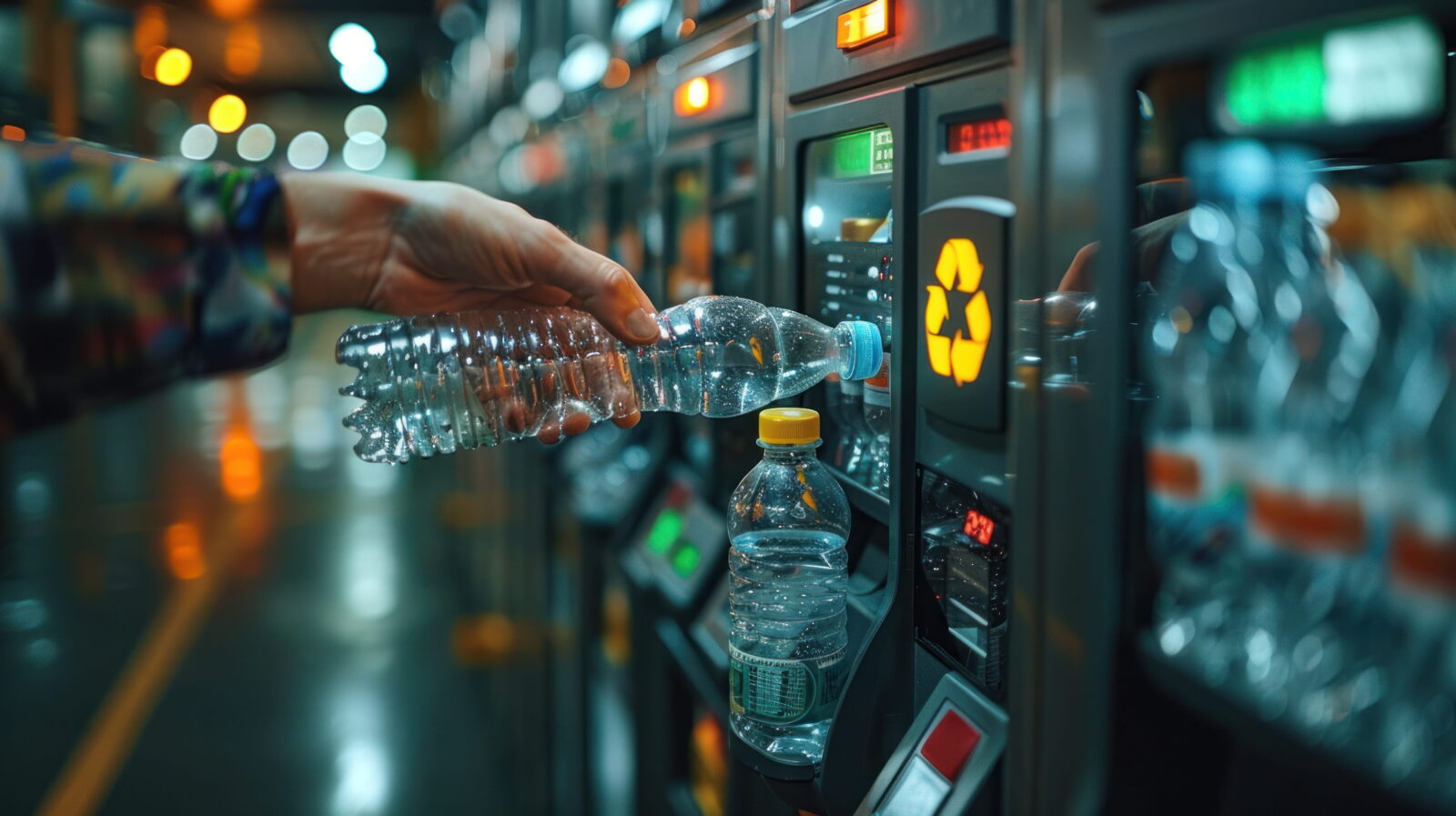 Person inserts a plastic bottle into a recycling vending machine for deposit return, in a dimly lit environment at night