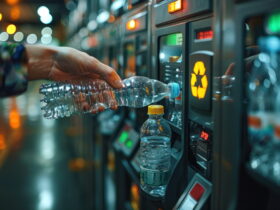Person inserts a plastic bottle into a recycling vending machine for deposit return, in a dimly lit environment at night