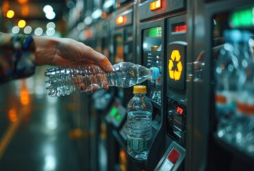 Person inserts a plastic bottle into a recycling vending machine for deposit return, in a dimly lit environment at night