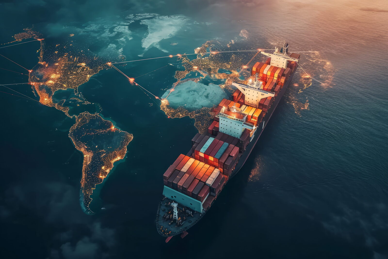 Container ship with stacked cargo containers sails the ocean as glowing lines outline a lit world map indicating global shipping routes.