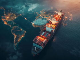 Container ship with stacked cargo containers sails the ocean as glowing lines outline a lit world map indicating global shipping routes.