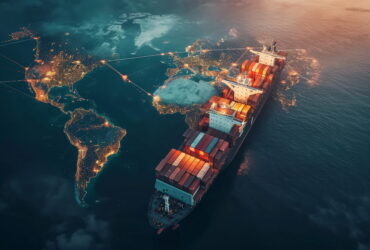 Container ship with stacked cargo containers sails the ocean as glowing lines outline a lit world map indicating global shipping routes.