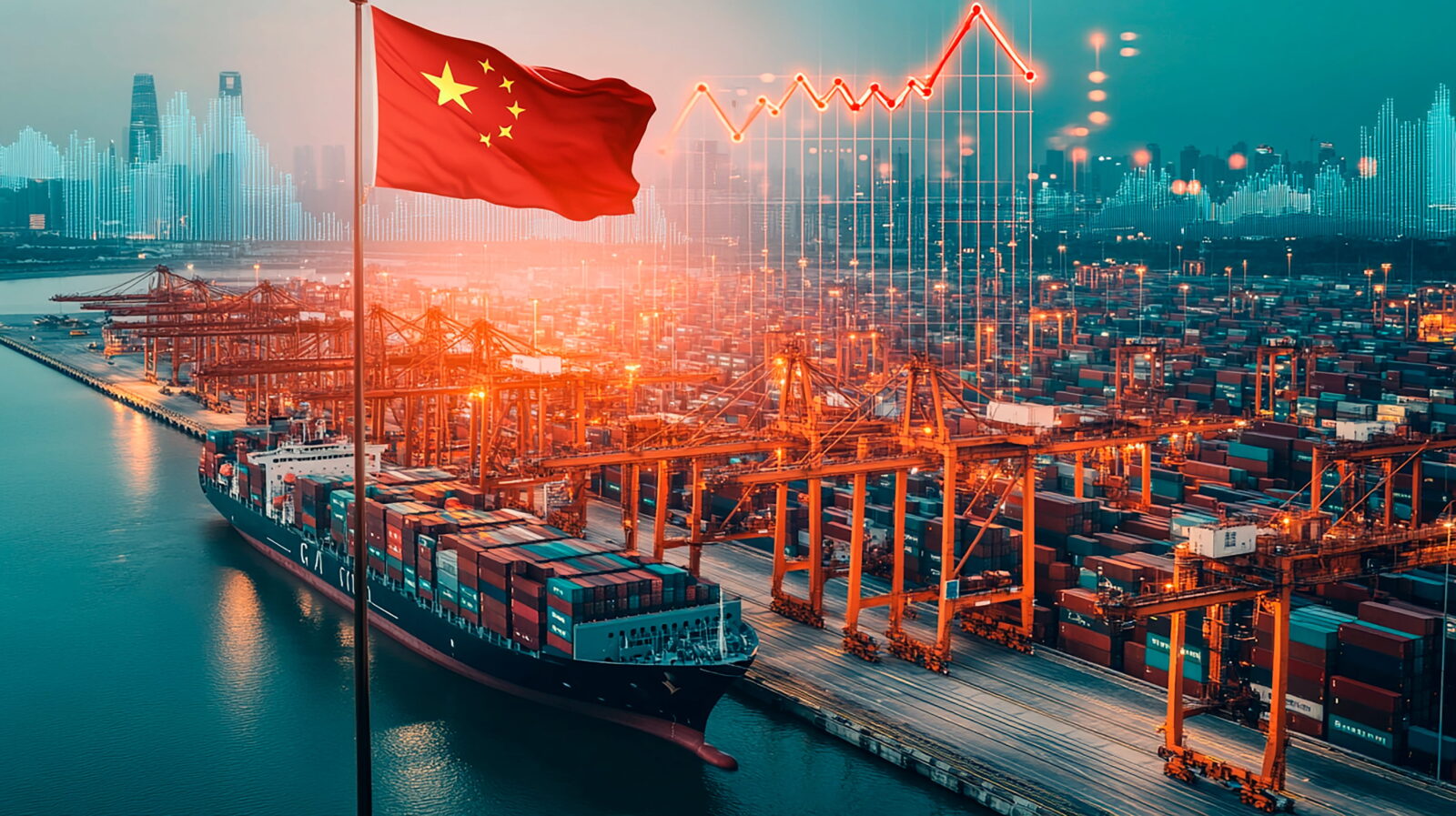 Chinese flag atop a port amid rows of shipping containers and cranes, with a city skyline in the distance and a glowing data graph overlay.