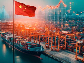 Chinese flag atop a port amid rows of shipping containers and cranes, with a city skyline in the distance and a glowing data graph overlay.