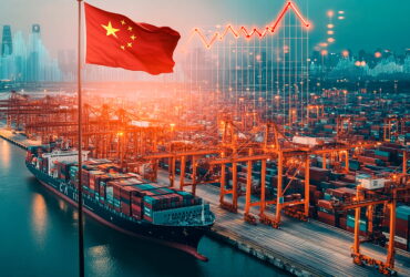 Chinese flag atop a port amid rows of shipping containers and cranes, with a city skyline in the distance and a glowing data graph overlay.