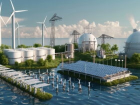 Offshore energy campus with wind turbines, solar panels, and large white spherical storage tanks beside the sea.