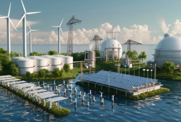 Offshore energy campus with wind turbines, solar panels, and large white spherical storage tanks beside the sea.