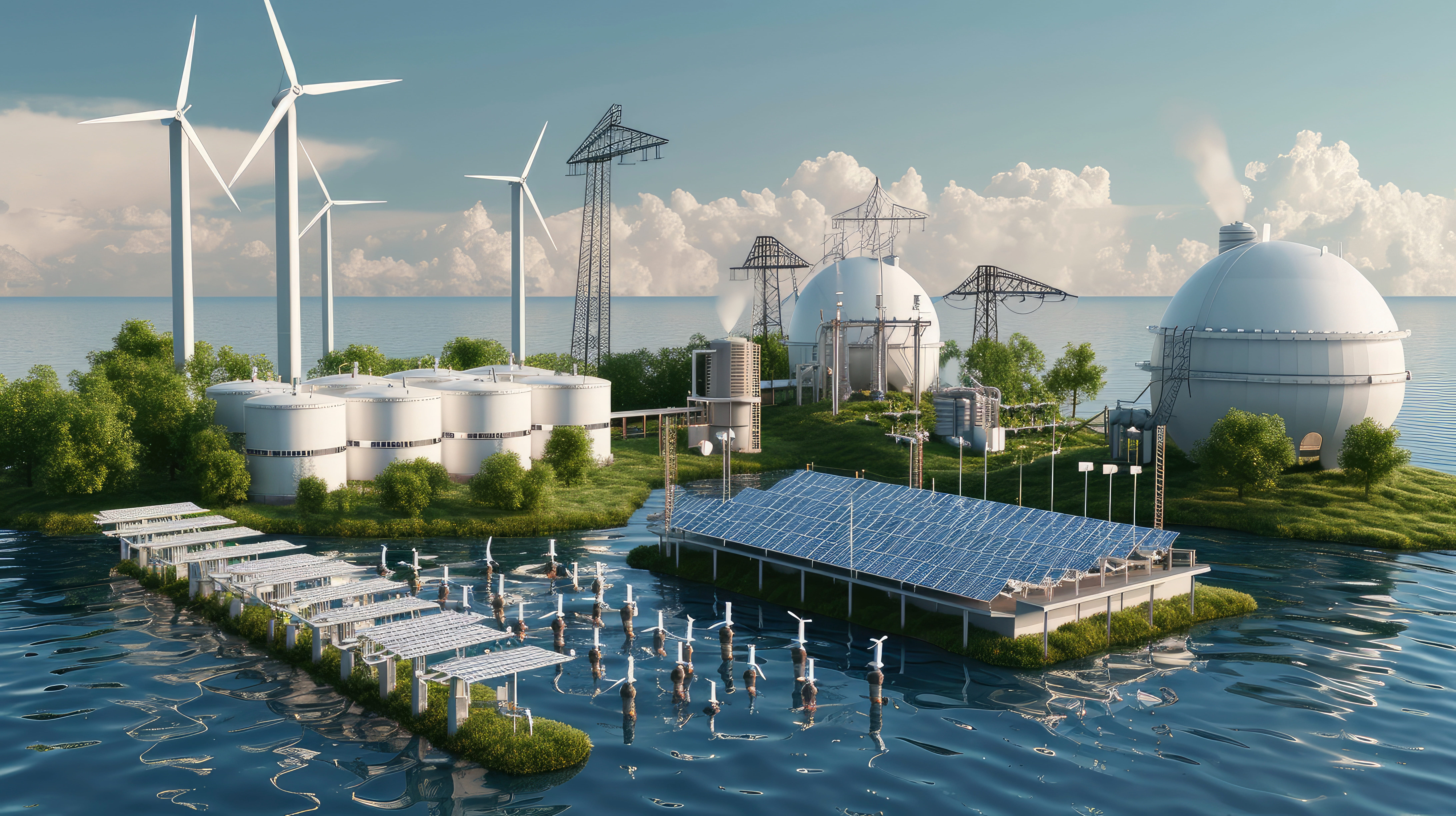 Offshore energy campus with wind turbines, solar panels, and large white spherical storage tanks beside the sea.