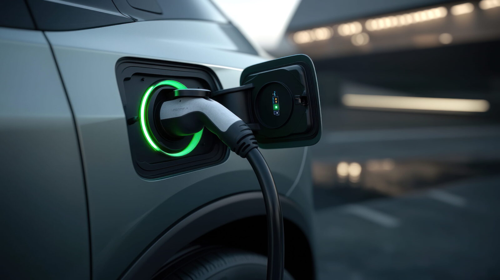 Electric car charging port with a plug inserted and a green ring light indicating charging status.