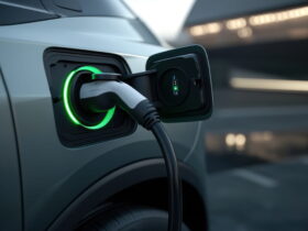 Electric car charging port with a plug inserted and a green ring light indicating charging status.