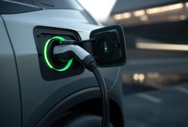 Electric car charging port with a plug inserted and a green ring light indicating charging status.