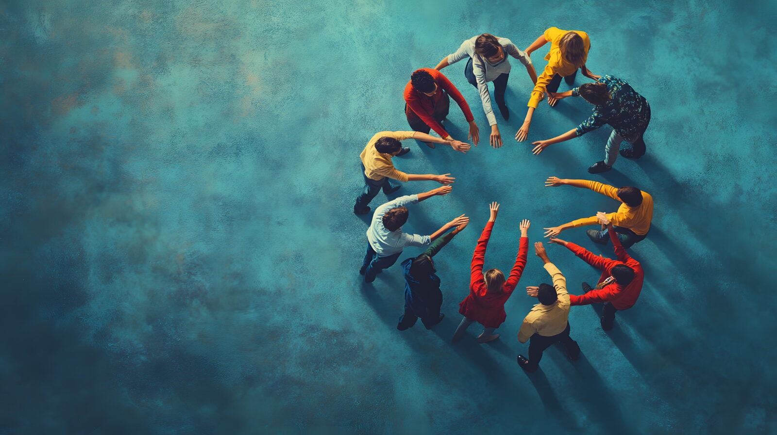 Overhead view of a diverse group forming a circle, hands joined in the center to symbolize teamwork.