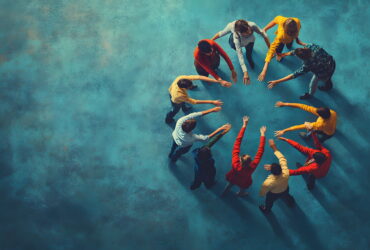 Overhead view of a diverse group forming a circle, hands joined in the center to symbolize teamwork.