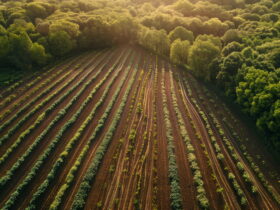 Aerial view of long rows of crops in a large field bordered by dense forest, bathed in warm sunlight.