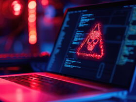 Laptop with code on screen and a glowing red skull made of particles, in a dark cyberpunk setting.