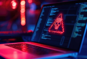 Laptop with code on screen and a glowing red skull made of particles, in a dark cyberpunk setting.