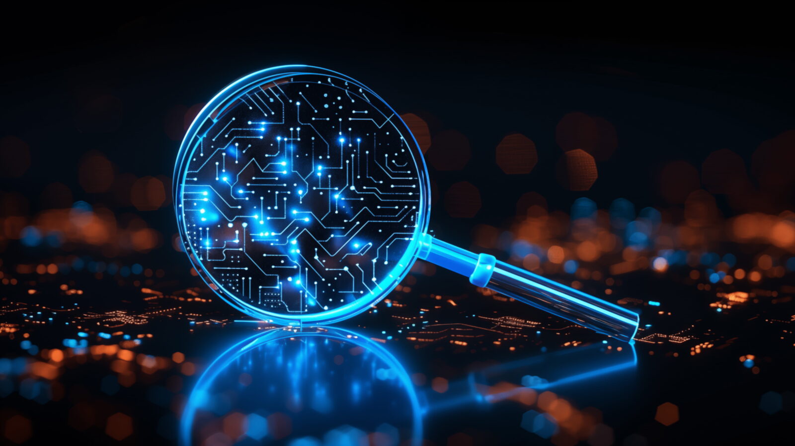 Blue translucent magnifying glass showing an illuminated circuit board, symbolizing tech research against a dark bokeh background.