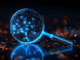 Blue translucent magnifying glass showing an illuminated circuit board, symbolizing tech research against a dark bokeh background.