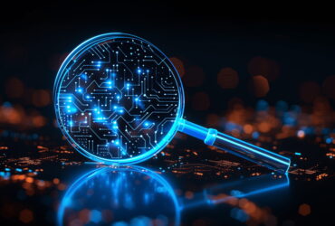 Blue translucent magnifying glass showing an illuminated circuit board, symbolizing tech research against a dark bokeh background.