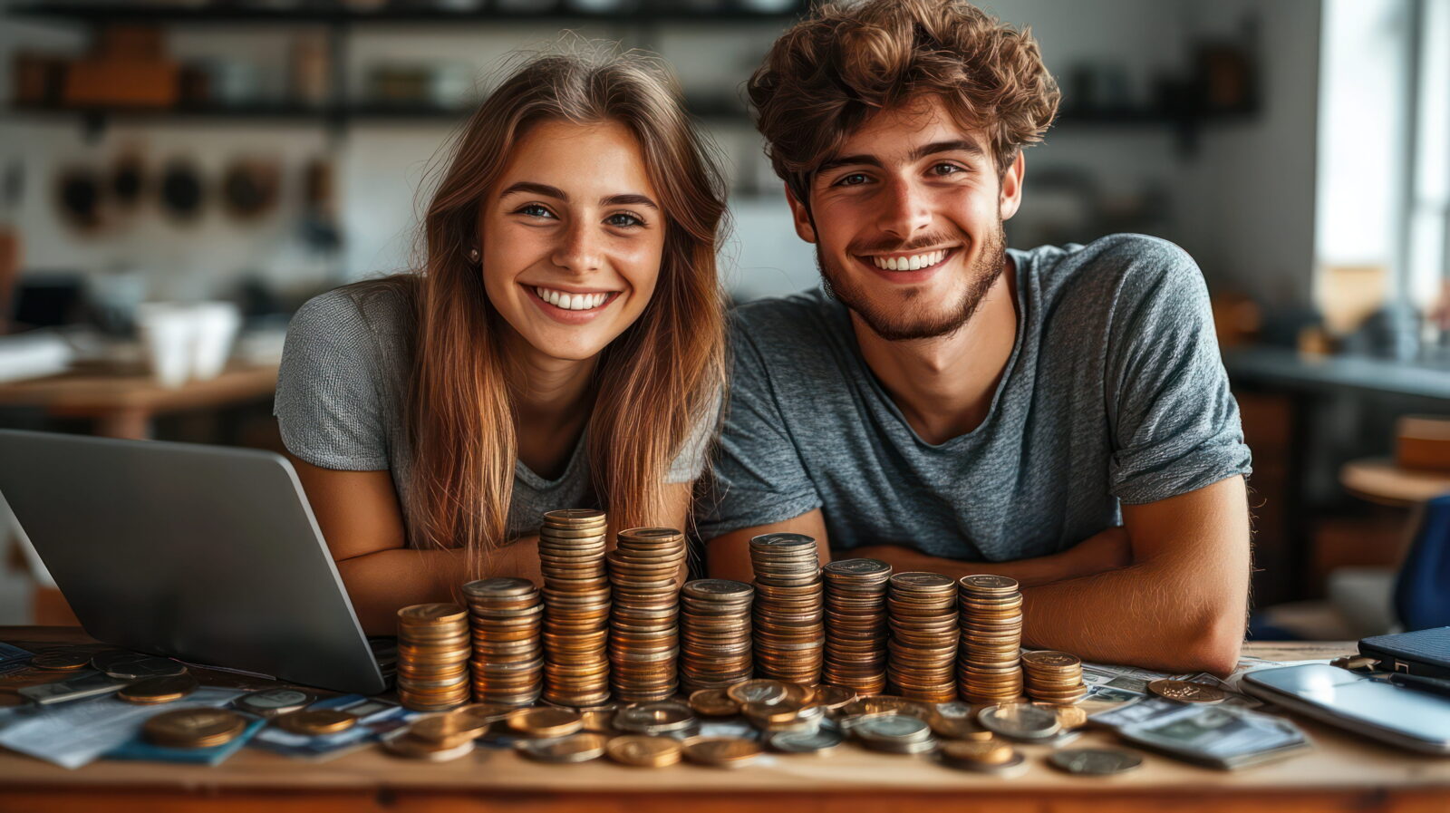 Two smiling young adults lean over a table with many stacks of coins and a laptop, suggesting saving or budgeting.