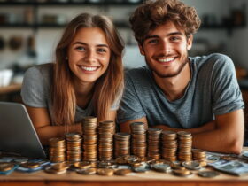 Two smiling young adults lean over a table with many stacks of coins and a laptop, suggesting saving or budgeting.