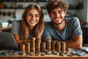 Two smiling young adults lean over a table with many stacks of coins and a laptop, suggesting saving or budgeting.