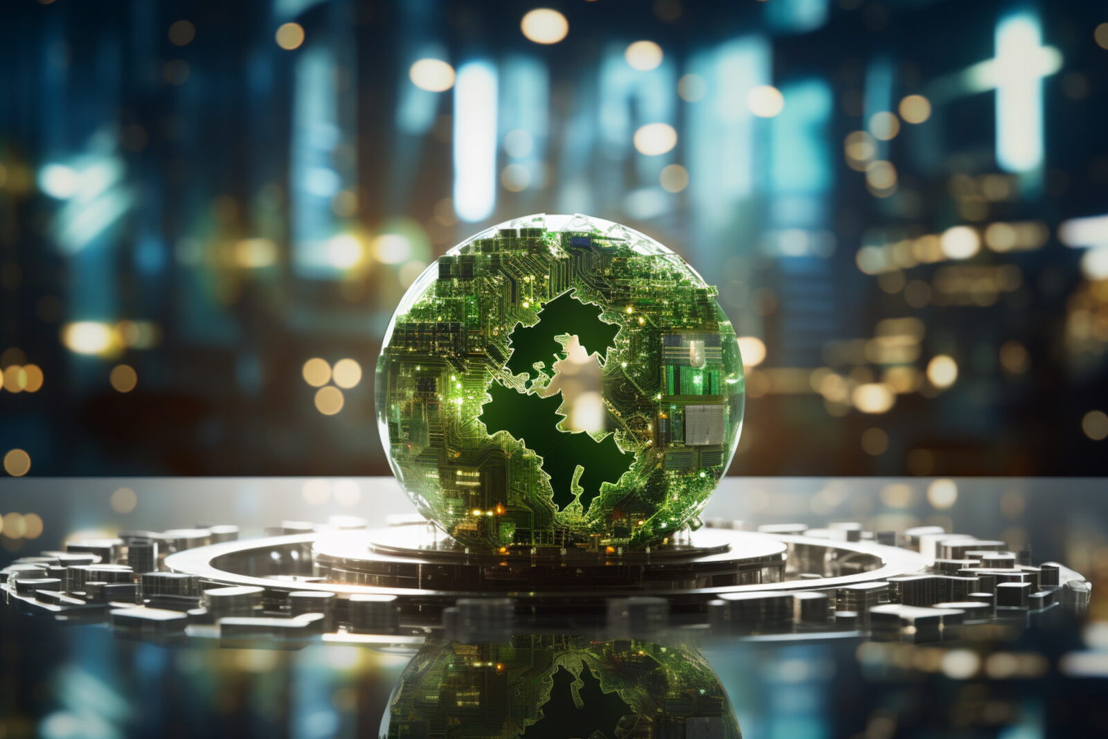 Glass globe embedded with circuit patterns sits on a silver platform, with a blurred cityscape in the background.