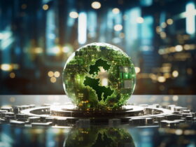 Glass globe embedded with circuit patterns sits on a silver platform, with a blurred cityscape in the background.