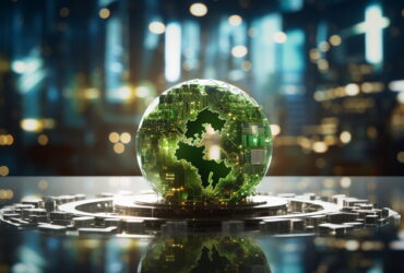 Glass globe embedded with circuit patterns sits on a silver platform, with a blurred cityscape in the background.