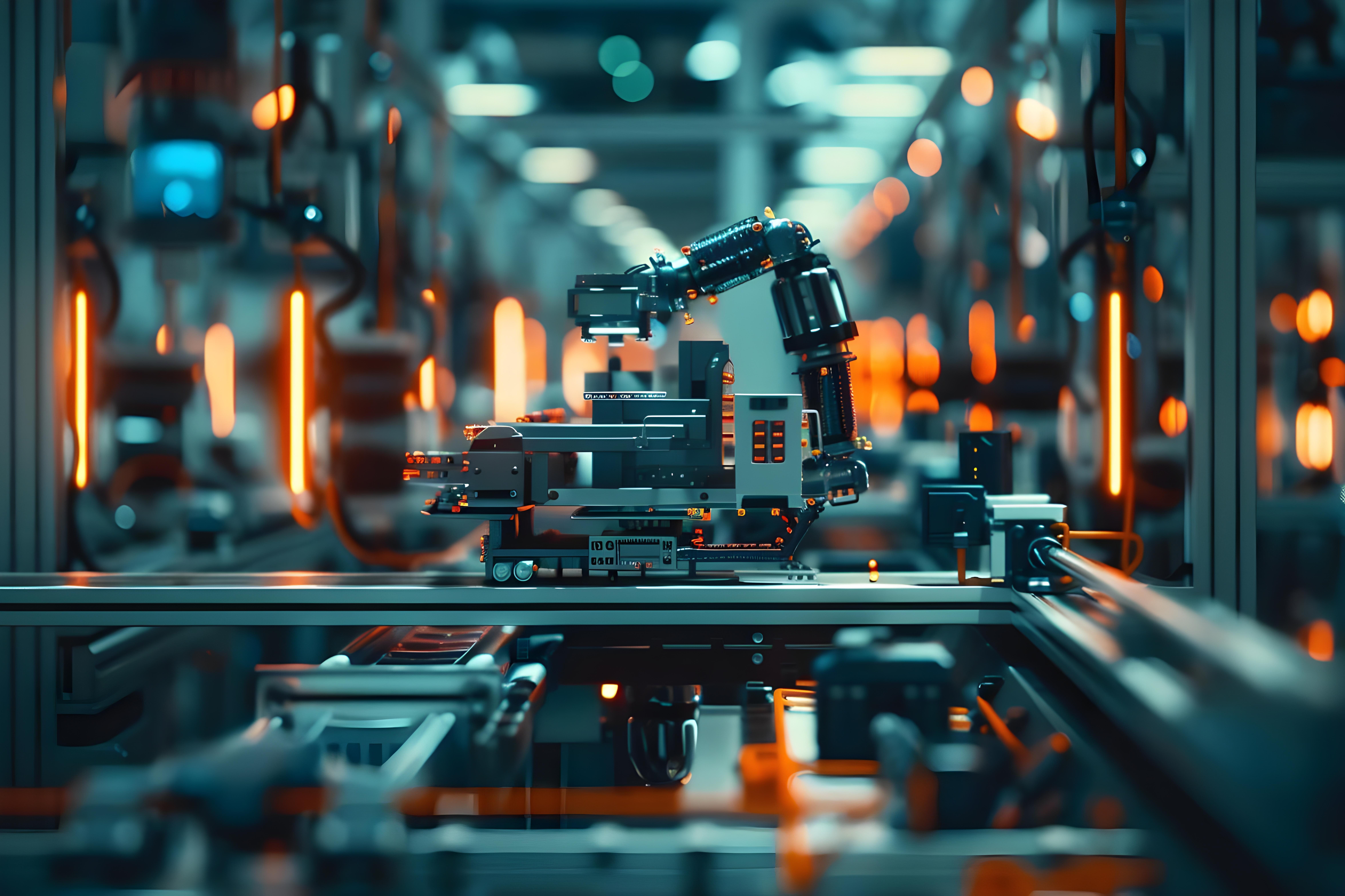 Robotic arm assembling components on a high-tech production line with blue and orange lighting in a factory setting.
