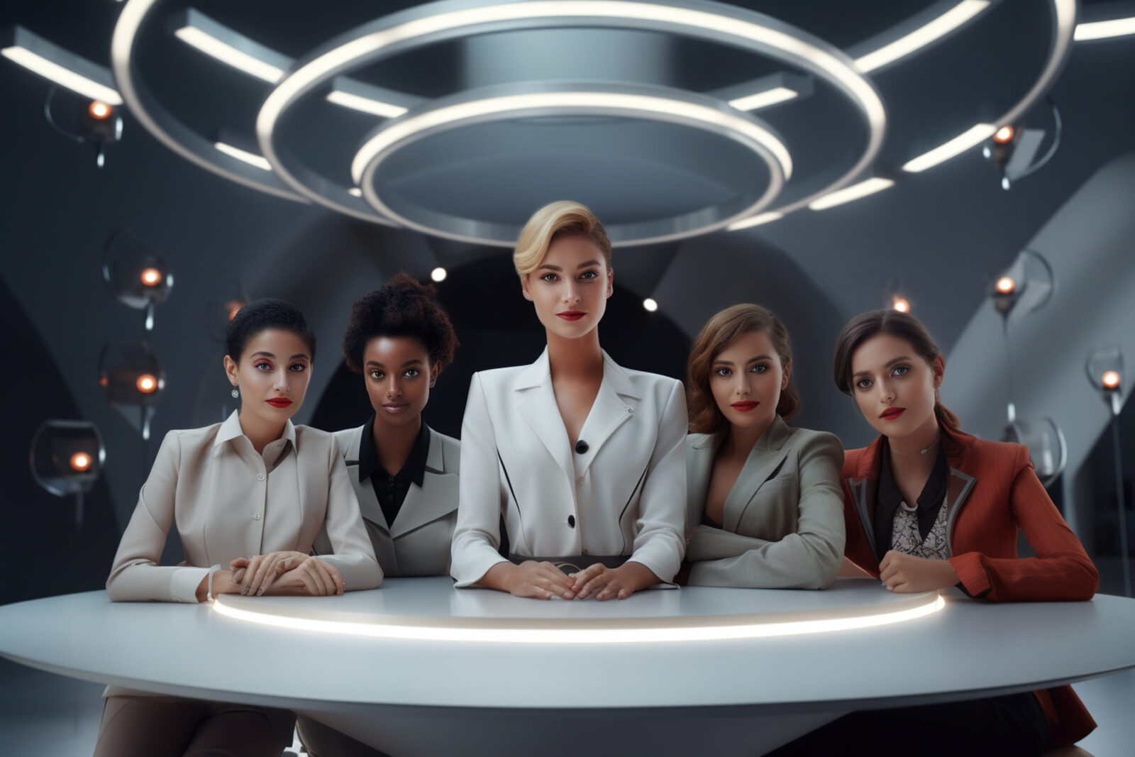 Six professionally dressed women seated at a curved table under circular neon lights in a futuristic conference room.