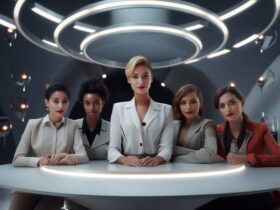 Six professionally dressed women seated at a curved table under circular neon lights in a futuristic conference room.