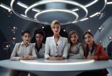 Six professionally dressed women seated at a curved table under circular neon lights in a futuristic conference room.